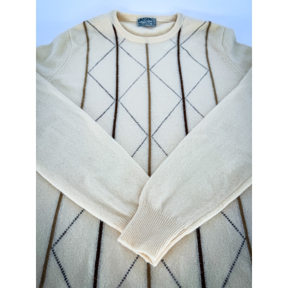 Vtg JAEGER London 100% Pure Cashmere Knit Sweater Cream Striped Scandi Grandpa M - Picture 5 of 5